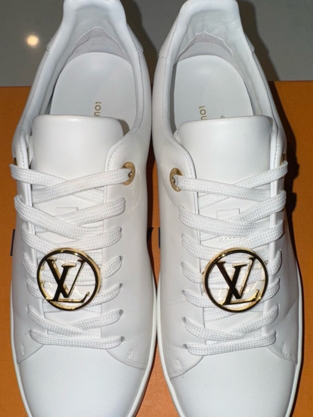 Louis Vuitton White Leather Sneakers with Gold LV Medallions - Picture 3 of 9
